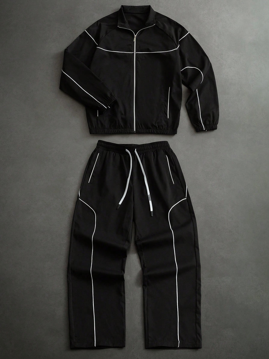 PAVTROS Men's Contrast Piping Zip-Up Jacket & Drawstring Pants Set, Black And White, Autumn, Streetwear, Gym, Casual 2 Pieces Tracksuit, Jogging Co Ord Football Set