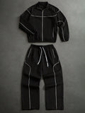 PAVTROS Men's Contrast Piping Zip-Up Jacket & Drawstring Pants Set, Black And White, Autumn, Streetwear, Gym, Casual 2 Pieces Tracksuit, Jogging Co Ord Football Set