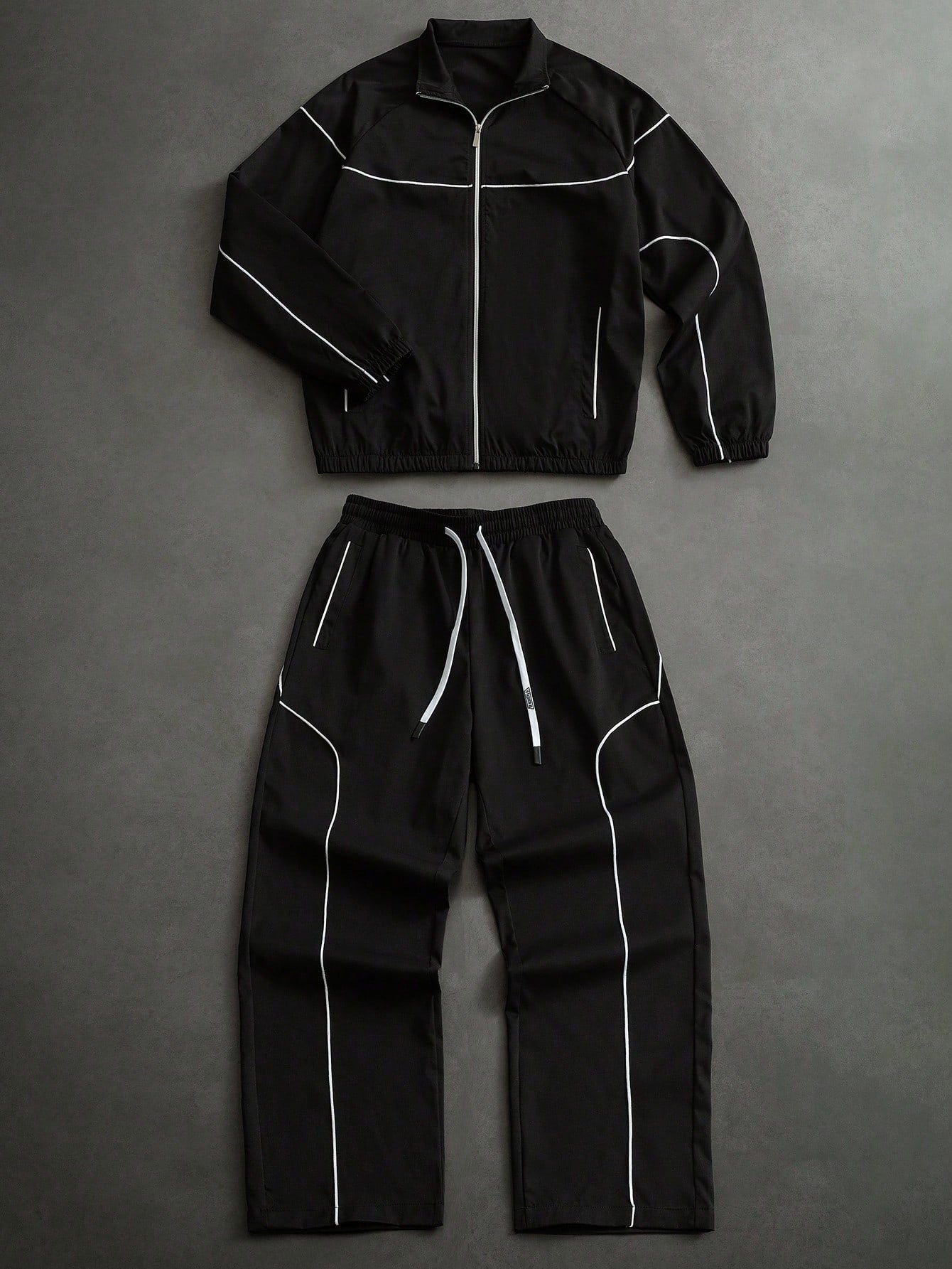 PAVTROS Men's Contrast Piping Zip-Up Jacket & Drawstring Pants Set, Black And White, Autumn, Streetwear, Gym, Casual 2 Pieces Tracksuit, Jogging Co Ord Football Set