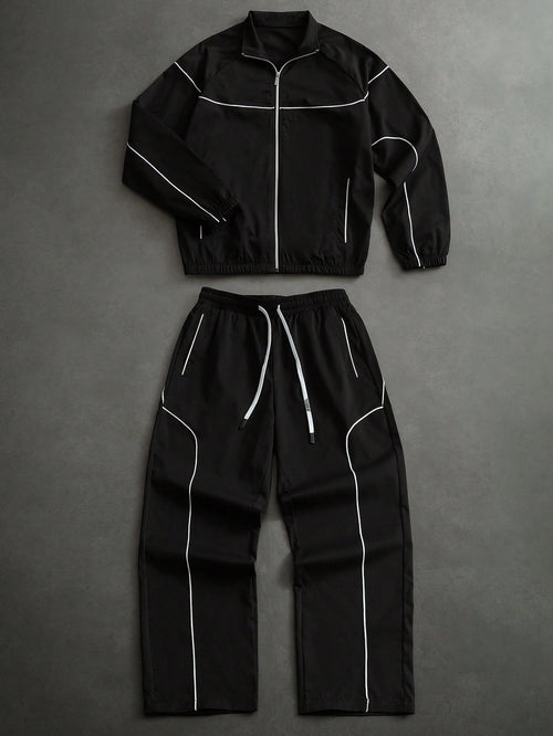 PAVTROS Men's Contrast Piping Zip-Up Jacket & Drawstring Pants Set, Black And White, Autumn, Streetwear, Gym, Casual 2 Pieces Tracksuit, Jogging Co Ord Football Set