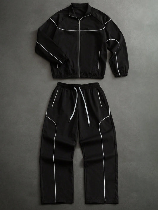 PAVTROS Men's Contrast Piping Zip-Up Jacket & Drawstring Pants Set, Black And White